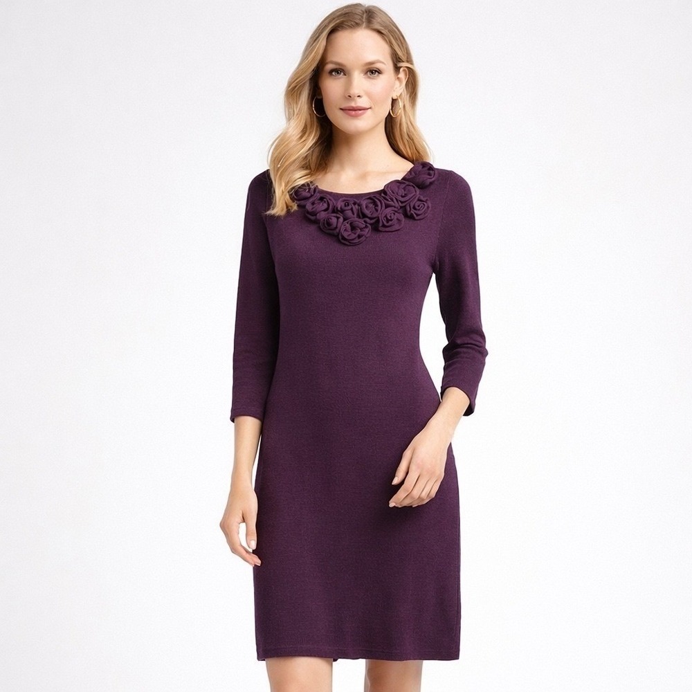 Antonio Melani Dress M Purple 100% Merino Wool Rosette Floral Sweater Sheath